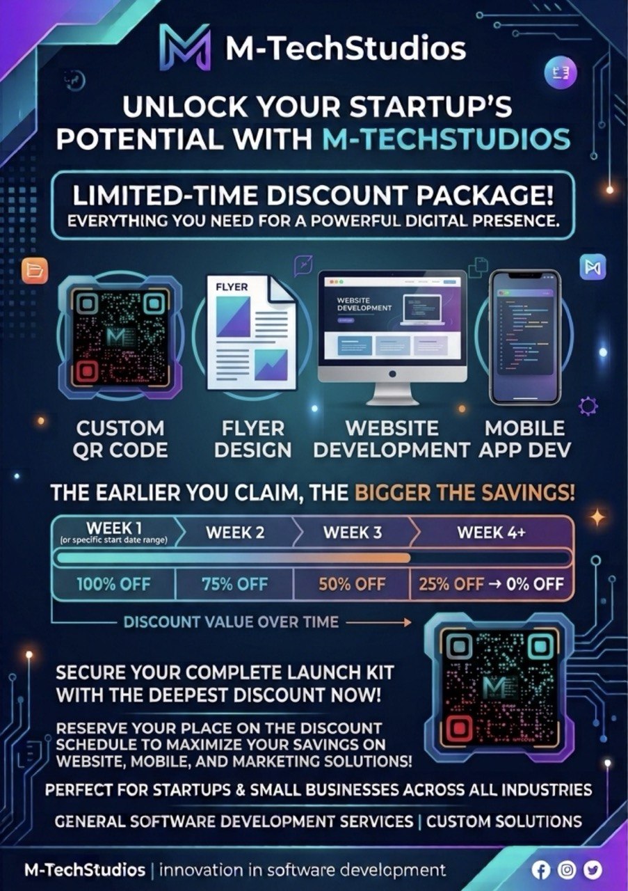 The M-Tech studio launch flyer — Elevate Your Digital Presence, offer valid till 31 December 2026